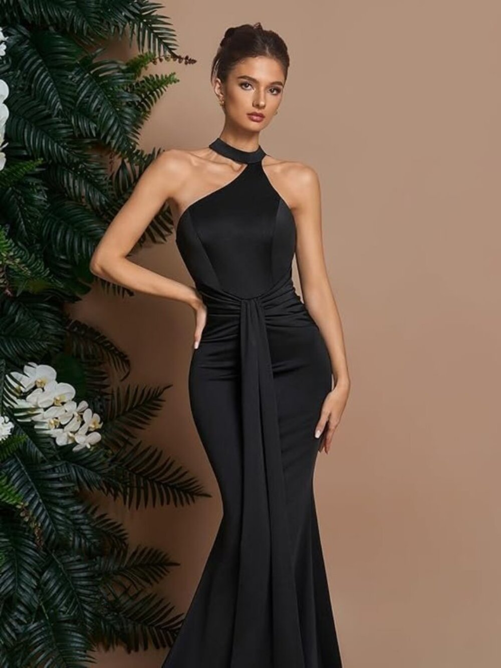 AOSHABABI Women's Cocktail Dresses Elegant Black Satin Halter size xsmall